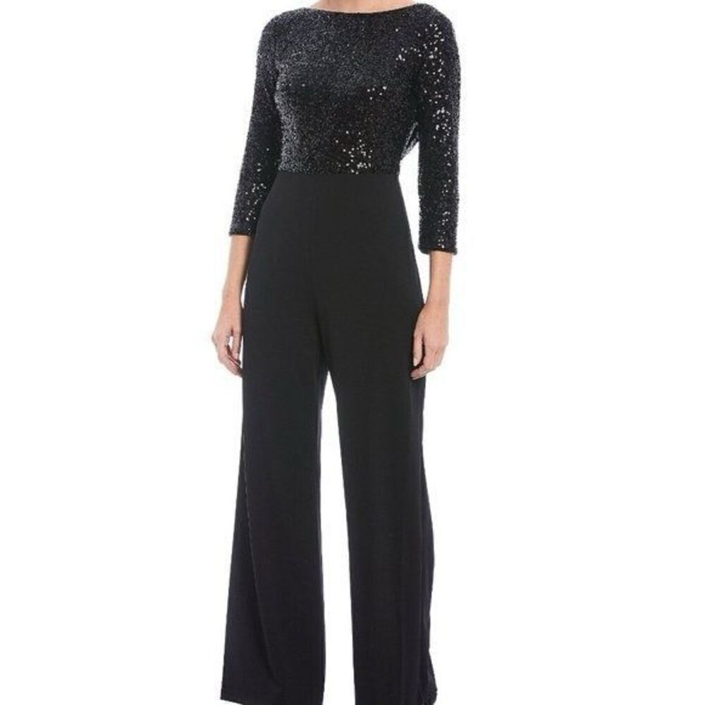 Badgley Mischka Size 2 Maya Stretch Sequin Jumpsuit Black Glam Formal Event
